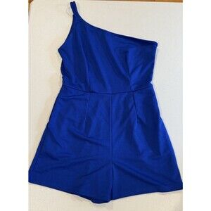 One Shoulder Romper Womens Medium Blue Stretch Zip Travel Minimalist Vacation